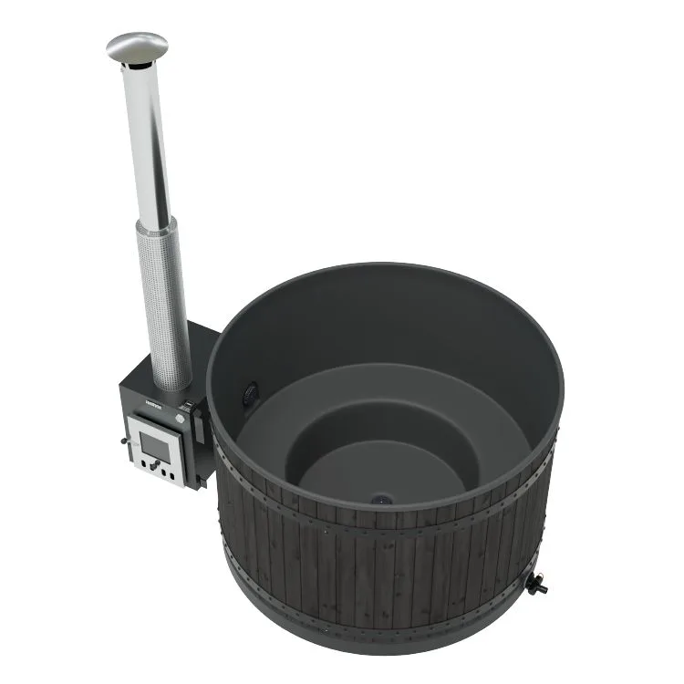 Harvia Legend Hot Tub、ディープブラックのサーモウッド外装と薪ヒーター付き