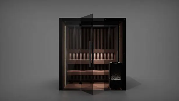 ドア枠とベンチ下のLED照明が光るサウナ室