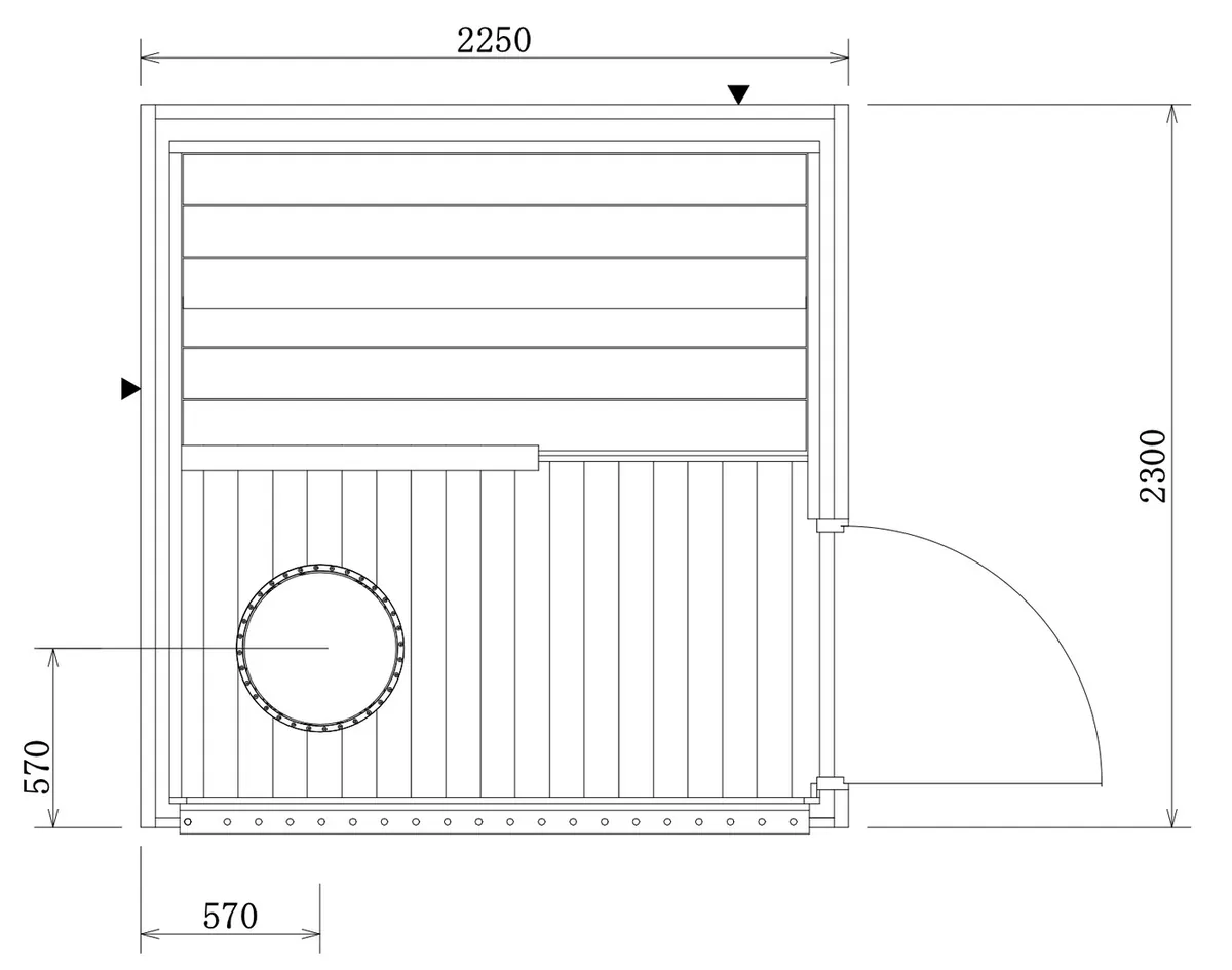 レジェンドサウナキャビンの平面図。外寸2,250×2,300mm。右手前に外開きのドア、左奥に二段のベンチ、左手前に直径570mmの円筒ヒーターが壁から570mmの位置に置かれる