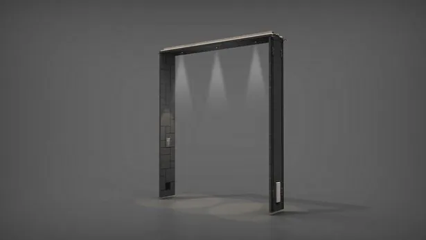 門型の黒いフレーム単体のCG。上枠の内側から三つのスポットライトの光が床に落ちている。左の柱に小さな四角い部品、右の柱の下に縦長の銀色のパネル
