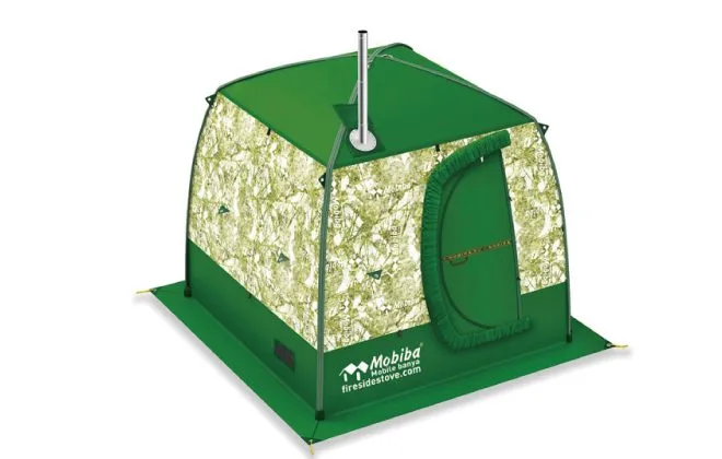 MB15Aモバイルサウナの外観、大型テントに煙突が付いた製品写真